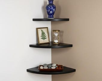 Half Moon Black Wood Corner Shelf – Floating Wall Shelf Modern Minimalist Home Furniture