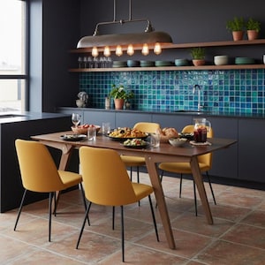 May include: A dining room with a wooden table and four yellow chairs. The room features dark blue cabinets, a blue tiled backsplash, and a vintage-style light fixture. The table is set for a meal, creating a warm, inviting atmosphere.