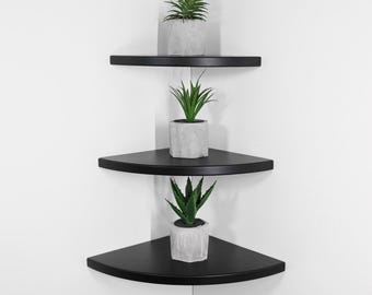 Black Corner Shelf: Half Moon Floating Wood Shelf for Plants and Small Spaces
