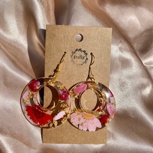 Resin Circular Hoop Earrings with pressed flowers and metallic flakes