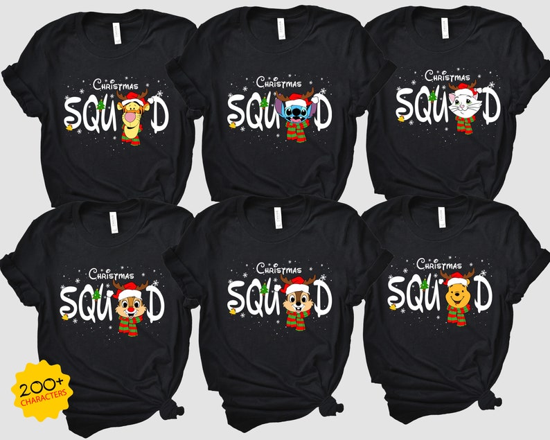 May include: Six black t-shirts with a Christmas theme. Each shirt features a different Disney character wearing a Santa hat and the text "Christmas Squad".