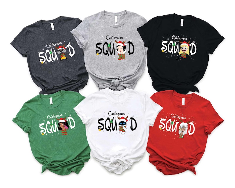 May include: Six different colored t-shirts with the text "Christmas Squad" and a cartoon character wearing a Santa hat. The shirts are in the colors grey, white, black, green, red, and white.