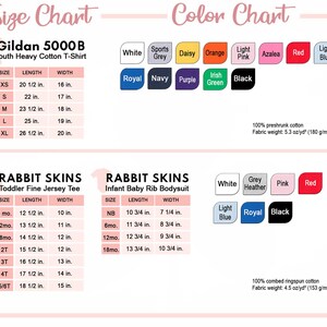May include: Size chart for Gildan 5000B youth heavy cotton t-shirts and Rabbit Skins toddler fine jersey tees and infant baby rib bodysuits. The chart includes sizes, length, and width measurements in inches. The color chart shows various colors available for the shirts and bodysuits, including white, grey, navy, purple, black, red, light blue, and more.