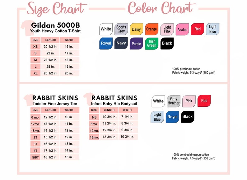 May include: Size chart for Gildan 5000B youth heavy cotton t-shirts and Rabbit Skins toddler fine jersey tees and infant baby rib bodysuits. The chart includes sizes, length, and width measurements in inches. The color chart shows various colors available for the shirts and bodysuits, including white, grey, navy, purple, black, red, light blue, and more.