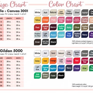 Op de afbeelding: Een maat- en kleurentabel voor unisex crew neck t-shirts van Bella + Canvas 3001 en Gildan 5000. De Bella + Canvas tabel toont maten van S (71 cm lang, 46 cm breed) tot 3X (84 cm lang, 71 cm breed). De Gildan tabel toont maten van S (71 cm lang, 46 cm breed) tot 5X (89 cm lang, 81 cm breed).
