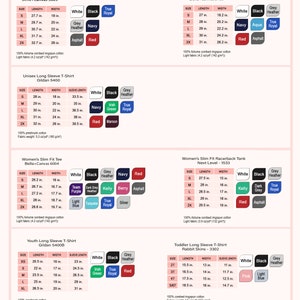 May include: A size and colour chart for various t-shirts and tank tops, including unisex and women's styles. The chart displays measurements in inches, along with colour options like white, black, and red. The text includes fabric details.