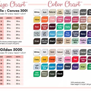 May include: Size chart for Bella + Canvas 3001 and Gildan 5000 unisex crew neck t-shirts. The chart shows sizes from S to 5X with corresponding length and width measurements in inches. The color chart displays a variety of colors for each brand.