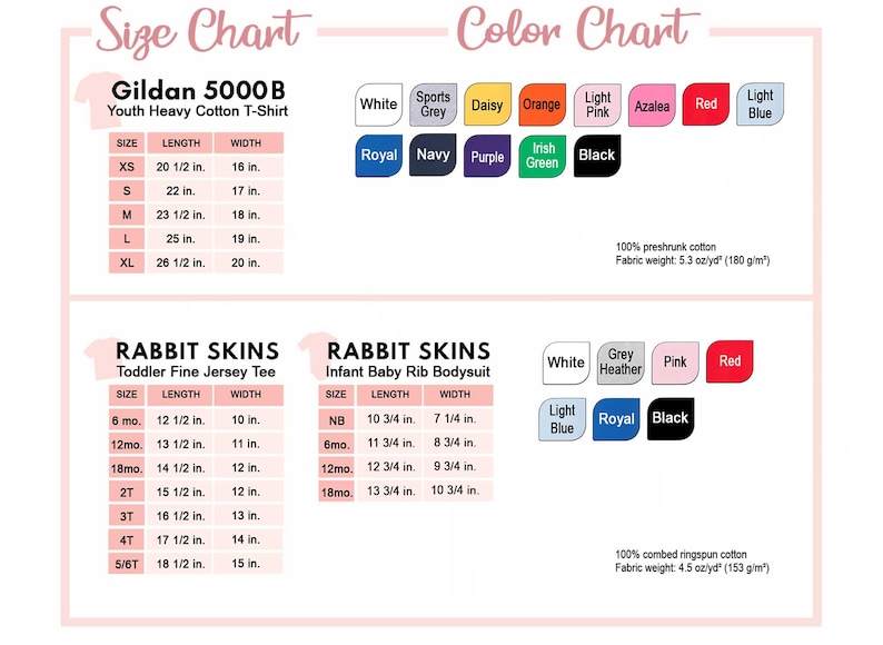 K&ouml;nnte beinhalten: Gr&ouml;&szlig;entabelle f&uuml;r Gildan 5000B Jugend-T-Shirts aus schwerem Baumwollstoff und Rabbit Skins Toddler Fine Jersey T-Shirts und Baby-Rib-Bodysuits. Die Tabelle enth&auml;lt Gr&ouml;&szlig;en, L&auml;ngen- und Breitenma&szlig;e in Zoll. Die Farbtabelle zeigt die verschiedenen Farben, die f&uuml;r die Shirts und Bodysuits verf&uuml;gbar sind.