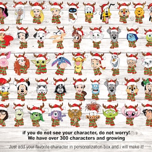 May include: A digital collage of various cartoon characters wearing Santa hats and reindeer antlers. The characters are from popular Disney movies and shows. The background is a white woodgrain pattern.