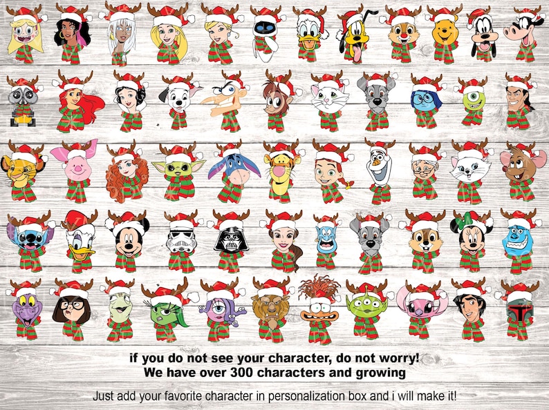 May include: A digital collage of various cartoon characters wearing Santa hats and reindeer antlers. The characters are from popular Disney movies and shows. The background is a white woodgrain pattern.