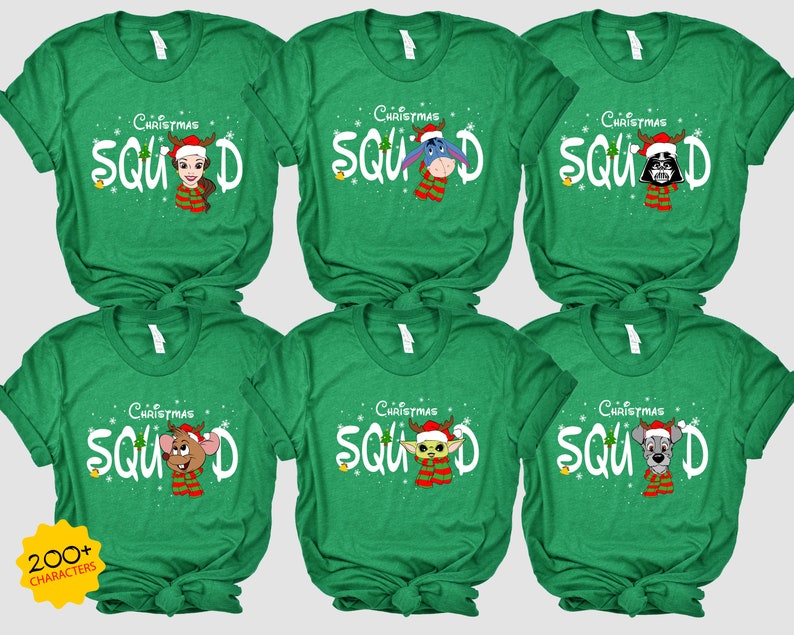 May include: Six green t-shirts with the text "Christmas Squad" and a different cartoon character on each shirt. The characters are Belle, Eeyore, Darth Vader, Mickey Mouse, Yoda, and Pluto.