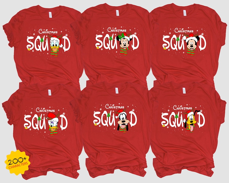 May include: Six red t-shirts with the text "Christmas Squad" and a different Disney character on each shirt. The characters are Mickey Mouse, Minnie Mouse, Donald Duck, Goofy, Pluto, and Daisy Duck.