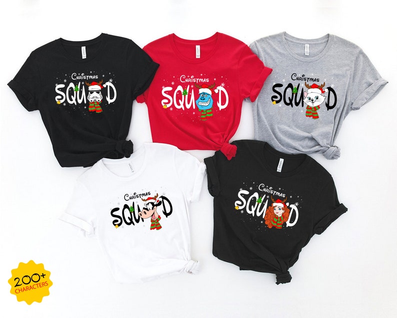 May include: Set of five Christmas themed t-shirts in black, red, gray, white, and black. Each shirt features a different character from the Christmas Squad with the text "Christmas Squad" on each shirt.