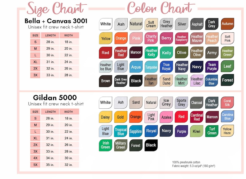 May include: Size chart for Bella + Canvas 3001 and Gildan 5000 unisex crew neck t-shirts. The chart shows sizes from S to 5X with corresponding length and width measurements in inches. The color chart displays a variety of colors for each brand.