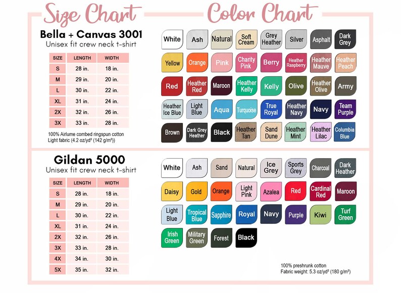 Peut inclure: Tableau des tailles pour les t-shirts unisexes &agrave; col rond Bella + Canvas 3001 et Gildan 5000. Le tableau indique les tailles de S &agrave; 5X avec les mesures de longueur et de largeur correspondantes en pouces. Le tableau des couleurs affiche une vari&eacute;t&eacute; de couleurs pour chaque marque.