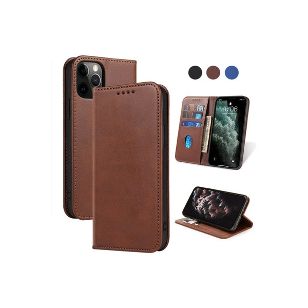 Leather Magnetic Flip Wallet Card Slot Holder Wallet Phone Case Folio Case iPhone 15 Pro Max Plus, 14 Mini, 13, 12, SE 2022