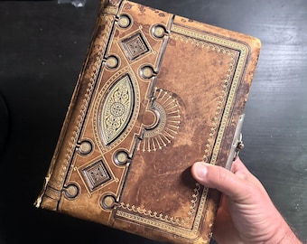 アンティークフォトアルバム 装飾レザー製花柄ゴールド栗色製本写真数