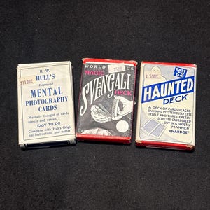 Set van 3 magische kaartspellen, mentale fotografiekaarten, magische Svengali-kaarten en Haunted Deck vintage jaren 80