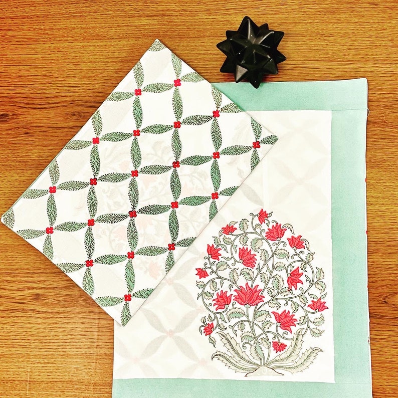 K&ouml;nnte beinhalten: Ein Geschenkset mit gemustertem Geschenkpapier und einer Karte. Das Geschenkpapier hat einen wei&szlig;en Hintergrund mit einem gr&uuml;nen und roten Blattmuster. Die Karte hat ein Blumenmuster mit roten Bl&uuml;ten und gr&uuml;nen Bl&auml;ttern. Eine schwarze Schleife liegt obenauf.
