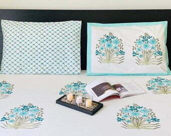 Elegant Hand Block Print Bedsheet with 2 Pillow Covers, Premium Soft Cotton, Bedroom Décor
