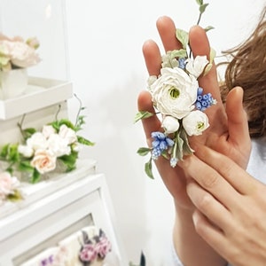 White blue flower hair piece Ranunculus Peony flower Rustic Wedding hair comb Bridal headpiece