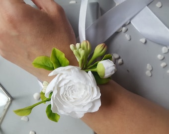 White peony wedding bracelet for bride Wrist corsage