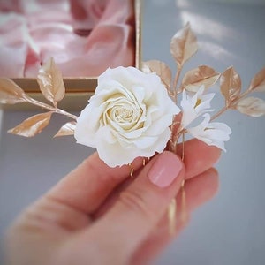 Bridal hair pins Rose gold leaf hair piece Wedding floral hair accessories Ivory Champagne White Rose Flower hair pins