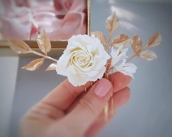 Bridal hair pins Rose gold leaf hair piece Wedding floral hair accessories Ivory Champagne White Rose Flower hair pins