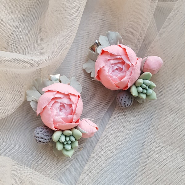 Peach blush floral hair piece Peony hair clip Wedding hairclip  Rustic wedding Flower girl hair accessories