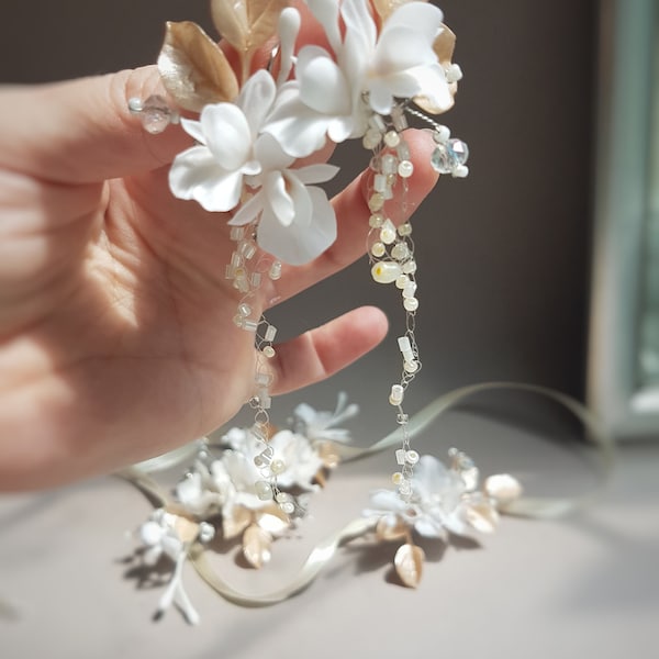 Ivory flower earrings Rose gold and champange wedding earrings