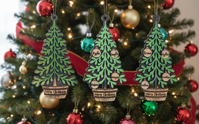 May include: Three wooden Christmas tree ornaments with green and black details, hanging on a decorated Christmas tree. Each ornament has a tree shape with names on round ornaments and the text "Merry Christmas 2023".