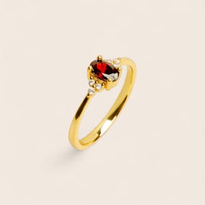 Könnte beinhalten: Ein Goldring mit einem zentralen, oval geschliffenen, tiefroten Granat-Edelstein. Die Fassung enthält drei kleine, klare, rund geschliffene Akzentsteine auf jeder Seite des Granats, montiert auf einer polierten Goldschiene mit glatter Oberfläche.