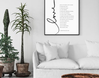 1 Corintios 13 Cita bíblica, el amor es paciente, el amor es bondadoso. Imprimir versos de la Biblia boda imprimible habitación decoración cita versículo escritura arte de la pared