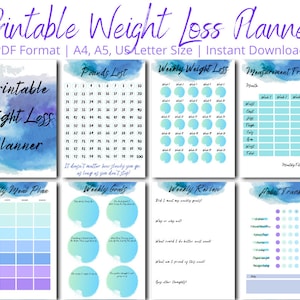 Afdrukbaar dagboek voor gewichtsverliesplanner. Gewichtsverliesgrafiek, wekelijks wegen, meettracker, doelen, maaltijdplan Weight Watchers afslanken