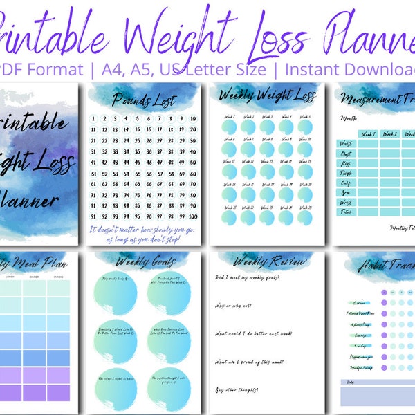 Printable Weight Loss Planner Journal. Weight Loss Chart, Wkly Weigh In, Measurement Tracker, Goals, Meal Plan Weight Watchers Slimming