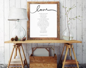 1 Corintios 13 Cita bíblica, el amor es paciente, el amor es bondadoso. Imprimir versos de la Biblia boda imprimible habitación decoración cita versículo escritura arte de la pared