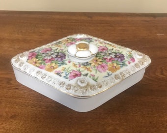 1960s Handpainted TILSO Made in Japan 53-139 Ceramic dish with lid trinket candy powder jewelry box type piece Pink ROSES