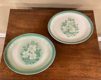 Two Vintage Mint Green Milbrook Syracuse China Airbrushed Platters 9 3/4" x 8"