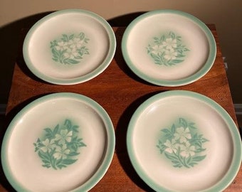 Four Vintage Mint Green Milbrook Syracuse China Airbrushed Luncheon Plates 9"