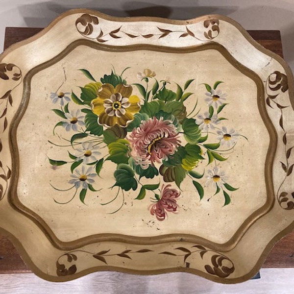 Vintage Toleware Tole Tray - Fancy Design, Creamy Yellow Background with Assorted Handpainted Florals