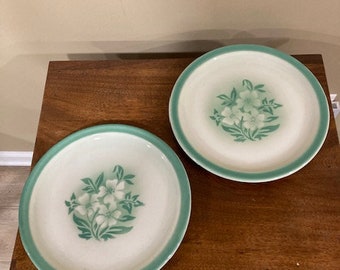 Two Vintage Mint Green Milbrook Syracuse China Airbrushed 10" Dinner Plates