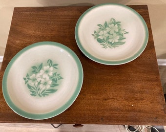 Two Vintage Mint Green Milbrook Syracuse China Airbrushed 9 1/2" Dinner Plates