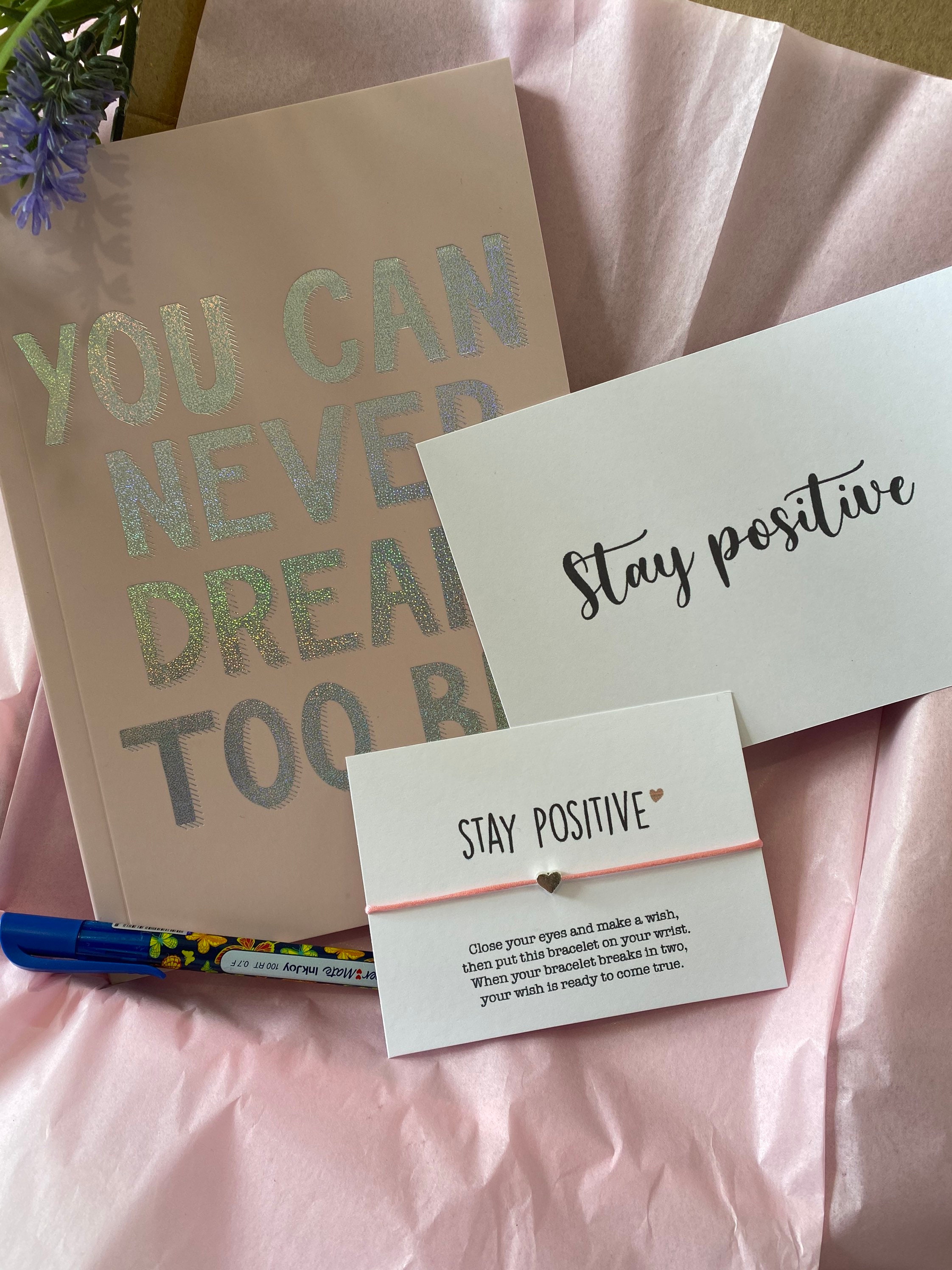 Stay positive notebook gift set. Letterbox gift. Personalised. Etsy