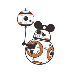 May include: A white and orange robot with a black and white BB-8 balloon and Mickey Mouse ears. The robot has a black and white Rebel Alliance symbol on its head.