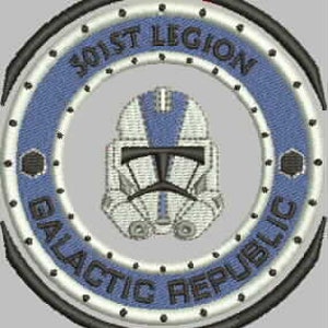 May include: An embroidered patch in blue and white featuring a white helmet and the text "501st Legion Galactic Republic".