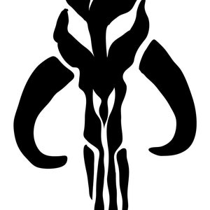 May include: Black and white silhouette of a Mandalorian symbol, a skull with horns and a vertical line down the center.