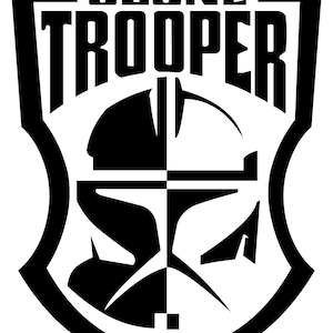 May include: Black and white illustration of a Star Wars Clone Trooper helmet with the text "CLONE TROOPER" above it.