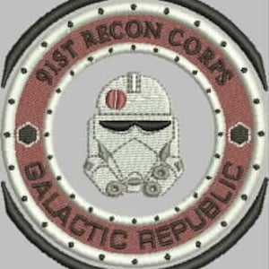 May include: A white and gray embroidered patch with a red circle around the edge. The patch features a white helmet with a black visor and a red stripe on the side. The text "91st RECON CORPS GALACTIC REPUBLIC" is written in a black circle around the helmet.