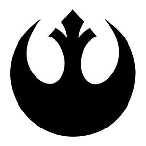 Puede incluir: Símbolo en blanco y negro de la Alianza Rebelde de Star Wars. El símbolo es un círculo con una forma de media luna en los lados izquierdo y derecho, y un árbol estilizado en el centro.
