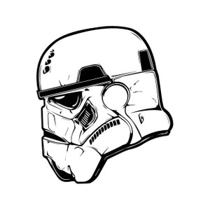 May include: A black and white illustration of a Stormtrooper helmet from Star Wars. The helmet is angled to the right and the visor is down.